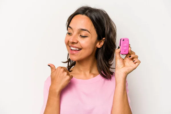 Young Hispanic Woman Holding Car Keys Isolated White Background Points — Zdjęcie stockowe