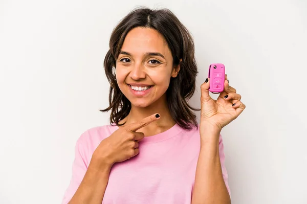 Young Hispanic Woman Holding Car Keys Isolated White Background Smiling — Stock Photo, Image