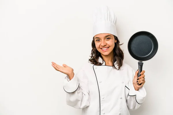 Young Hispanic Chef Woman Isolated White Background Showing Copy Space — Stock fotografie