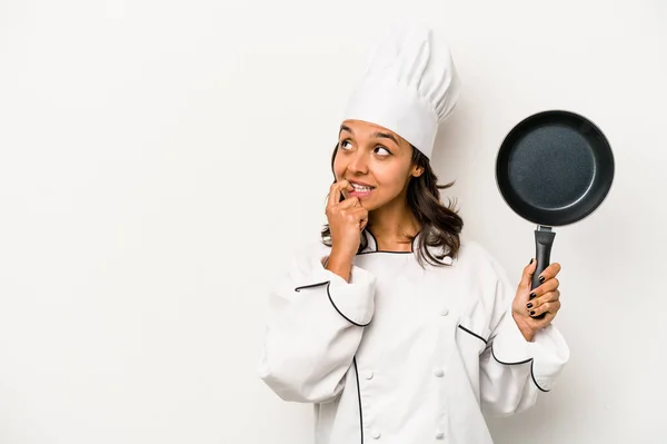 Young Hispanic Chef Woman Isolated White Background Relaxed Thinking Something — Stockfoto