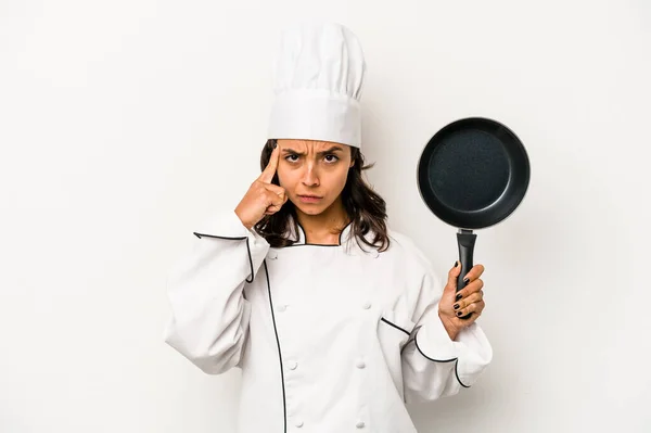 Young Hispanic Chef Woman Isolated White Background Pointing Temple Finger — Stockfoto