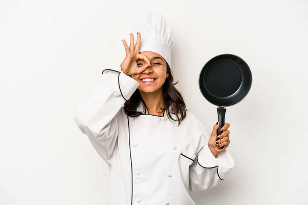 Young Hispanic Chef Woman Isolated White Background Excited Keeping Gesture — Stockfoto