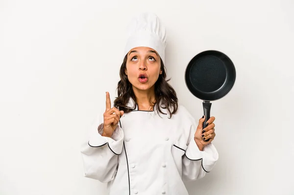 Young Hispanic Chef Woman Isolated White Background Pointing Upside Opened — Stockfoto