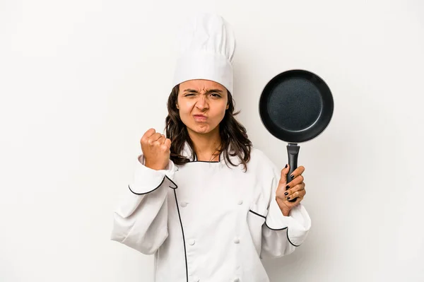 Young Hispanic Chef Woman Isolated White Background Showing Fist Camera — Stockfoto