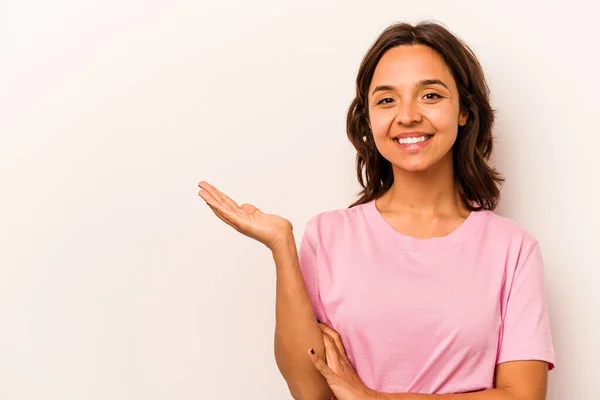 Young Hispanic Woman Isolated White Background Showing Copy Space Palm — Stockfoto