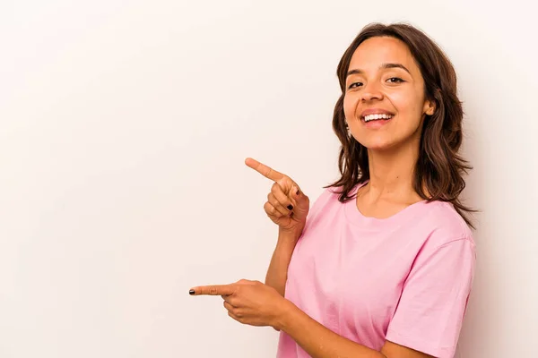 Young Hispanic Woman Isolated White Background Excited Pointing Forefingers Away — Stock fotografie
