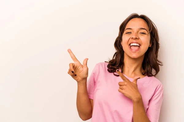 Young Hispanic Woman Isolated White Background Pointing Forefingers Copy Space — 스톡 사진