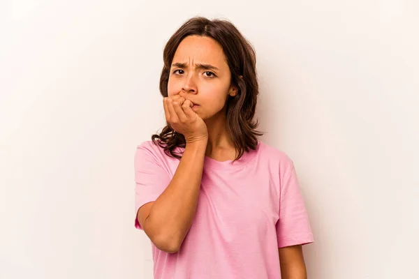 Young Hispanic Woman Isolated White Background Biting Fingernails Nervous Very —  Fotos de Stock