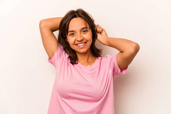 Young Hispanic Woman Isolated White Background Stretching Arms Relaxed Position — Stockfoto