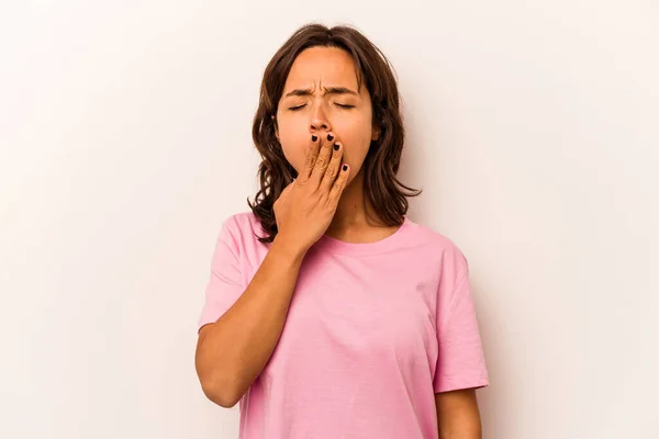 Young Hispanic Woman Isolated White Background Yawning Showing Tired Gesture — Zdjęcie stockowe