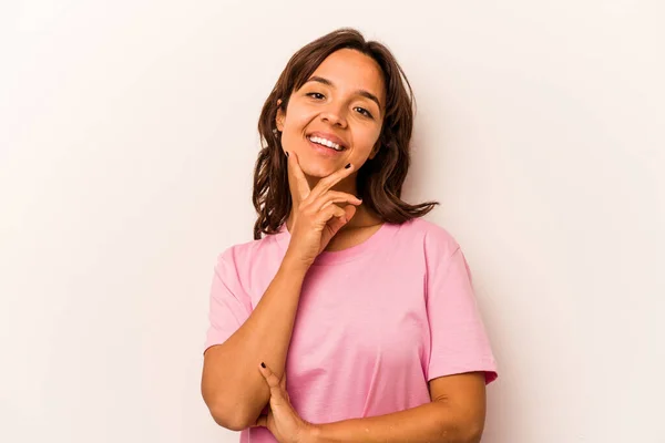 Young Hispanic Woman Isolated White Background Smiling Happy Confident Touching — Foto Stock