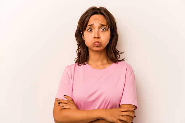 Young Hispanic Woman Isolated White Background Blows Cheeks Has Tired — ストック写真