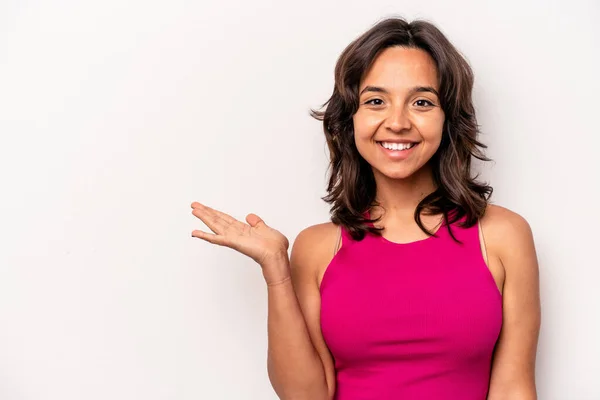 Young Hispanic Woman Isolated White Background Showing Copy Space Palm — Stockfoto