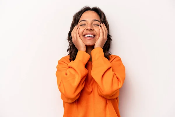 Young Hispanic Woman Isolated White Background Laughs Joyfully Keeping Hands — 스톡 사진