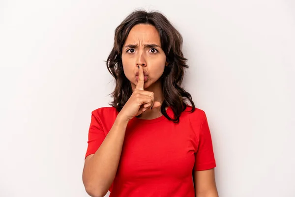 Young Hispanic Woman Isolated White Background Keeping Secret Asking Silence — Stock Photo, Image