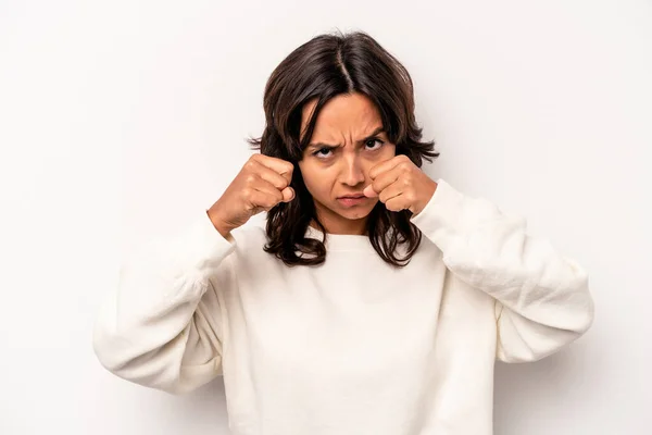 Young Hispanic Woman Isolated White Background Throwing Punch Anger Fighting — Stock Photo, Image