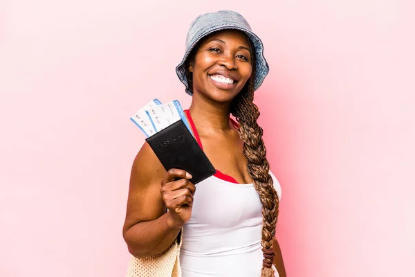 Young African American Woman Holding Passport Isolated Pink Background — Stock Photo, Image