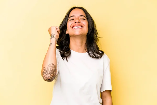 Young Hispanic Woman Isolated Yellow Background Celebrating Victory Passion Enthusiasm — 스톡 사진