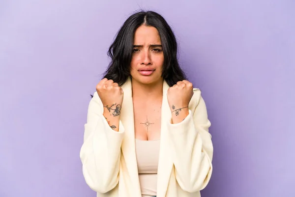 Young Hispanic Woman Isolated Purple Background Upset Screaming Tense Hands — 스톡 사진