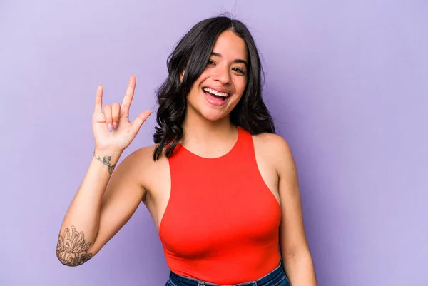 Young Hispanic Woman Isolated Purple Background Showing Horns Gesture Revolution — Stock Photo, Image