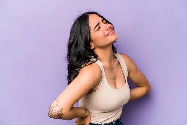 Young Hispanic Woman Isolated Purple Background Suffering Back Pain — Stock Photo, Image