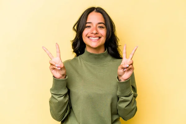 Young Hispanic Woman Isolated Yellow Background Showing Victory Sign Smiling — Foto Stock