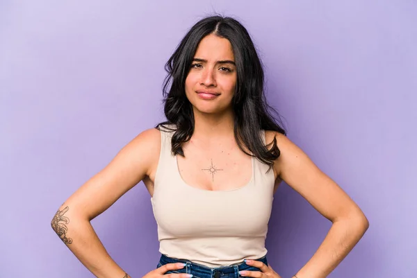 Young Hispanic Woman Isolated Purple Background Sad Serious Face Feeling — Stock Photo, Image