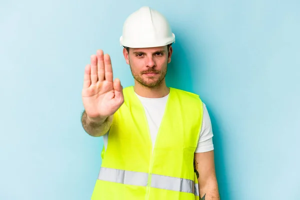 Young Laborer Caucasian Man Isolated Blue Background Standing Outstretched Hand — 스톡 사진