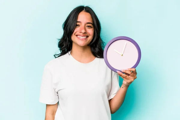 Young Hispanic Woman Holding Clock Isolated Blue Background Happy Smiling — Stok fotoğraf