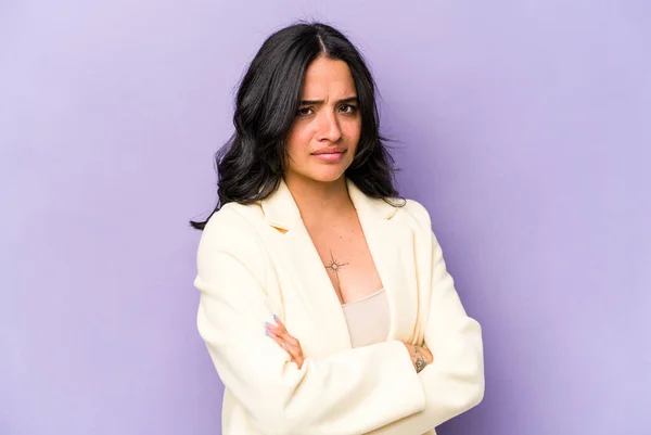 Young Hispanic Woman Isolated Purple Background Frowning Face Displeasure Keeps — 스톡 사진