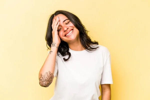 Young Hispanic Woman Isolated Yellow Background Joyful Laughing Lot Happiness — 스톡 사진