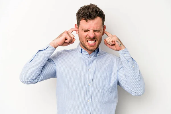 Young Caucasian Man Isolated White Background Covering Ears Fingers Stressed — Stock Photo, Image