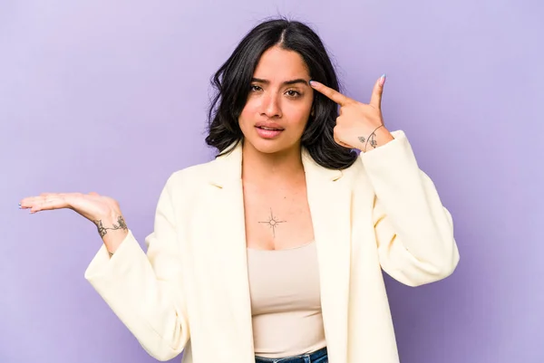 Young Hispanic Woman Isolated Purple Background Showing Disappointment Gesture Forefinger — 스톡 사진