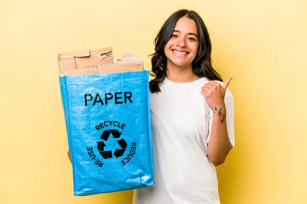 Young Hispanic Woman Recycling Paper Isolated Yellow Background Smiling Raising — Stock fotografie