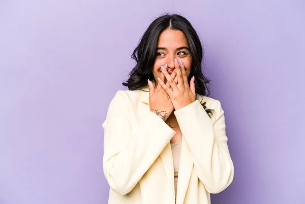 Young Hispanic Woman Isolated Purple Background Laughing Something Covering Mouth — 스톡 사진