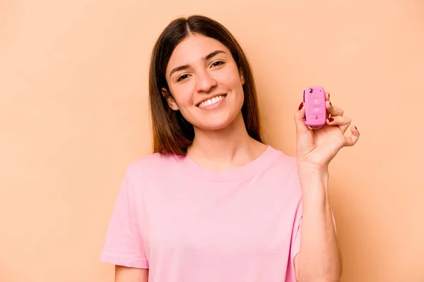 Young Hispanic Woman Holding Keys Car Isolated Beige Background Happy — Stock Photo, Image