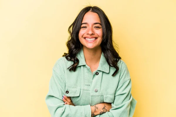 Young Hispanic Woman Isolated Yellow Background Laughing Having Fun — 스톡 사진