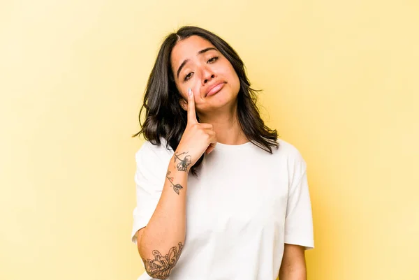 Young Hispanic Woman Isolated Yellow Background Crying Unhappy Something Agony — 스톡 사진