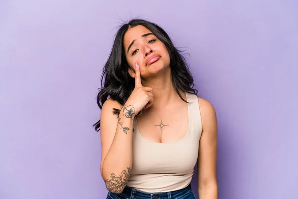 Young Hispanic Woman Isolated Purple Background Crying Unhappy Something Agony — Stock Photo, Image