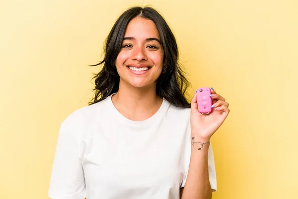 Young Hispanic Woman Holding Keys Car Isolated Pink Background Happy — Stock Photo, Image