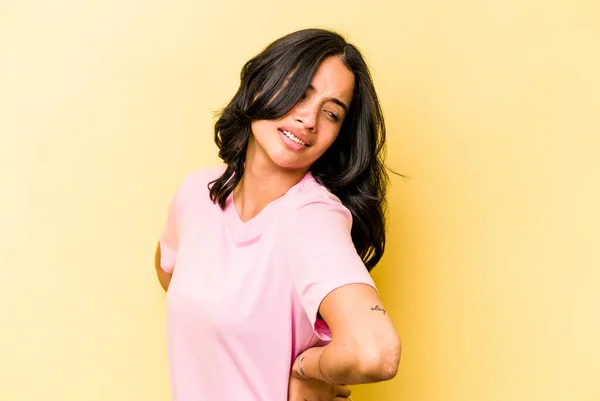 Young Hispanic Woman Isolated Yellow Background Suffering Back Pain — 스톡 사진