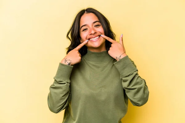Young Hispanic Woman Isolated Yellow Background Smiles Pointing Fingers Mouth — 스톡 사진