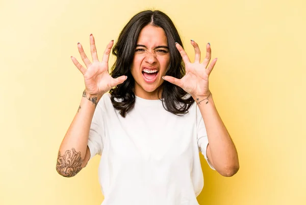 Young Hispanic Woman Isolated Yellow Background Showing Claws Imitating Cat — Foto Stock