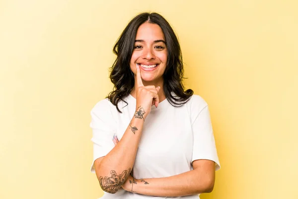 Young Hispanic Woman Isolated Yellow Background Smiling Happy Confident Touching — 스톡 사진