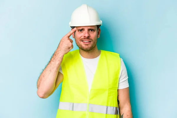 Young Laborer Caucasian Man Isolated Blue Background Showing Disappointment Gesture — 스톡 사진