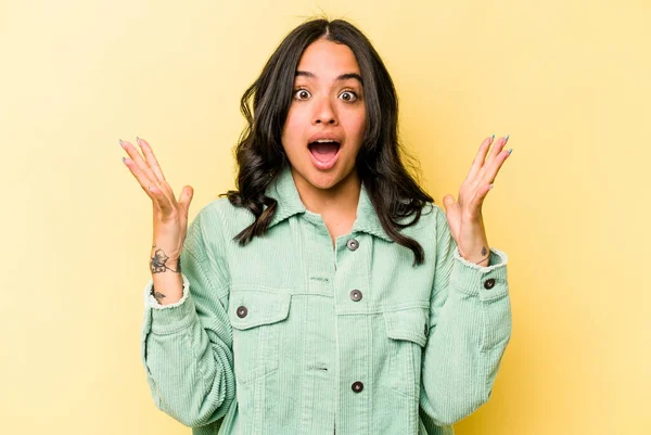 Young Hispanic Woman Isolated Yellow Background Celebrating Victory Success Surprised — 스톡 사진