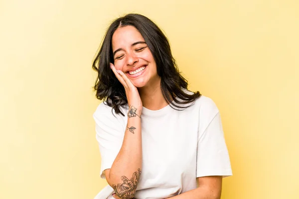 Young Hispanic Woman Isolated Yellow Background Laughs Happily Has Fun — 스톡 사진