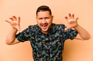 Latin kökenli genç bir adam bej arka planda izole edilmiş. Pençeleri kedi taklidi yapıyor. Saldırgan bir hareket..