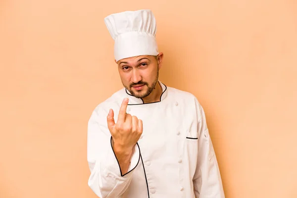 Hispanic Chef Man Isolated Beige Background Pointing Finger You Inviting — Zdjęcie stockowe
