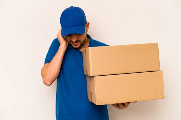 Hispanic Delivery Man Isolated White Background Covering Ears Hands — Stock Photo, Image
